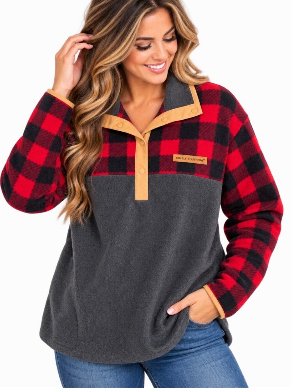 Simply Southern Buffalo Plaid Fleece Snap Pullover Red Black Large